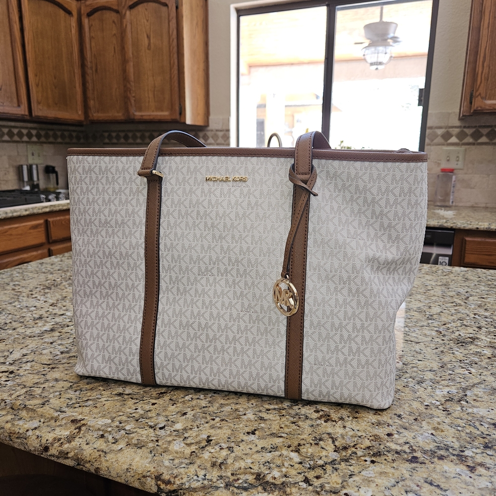 Michael Kors White and Brown Tote Bag